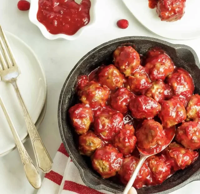 Meaty Wild Rice Meatballs in Cranberry Sauce